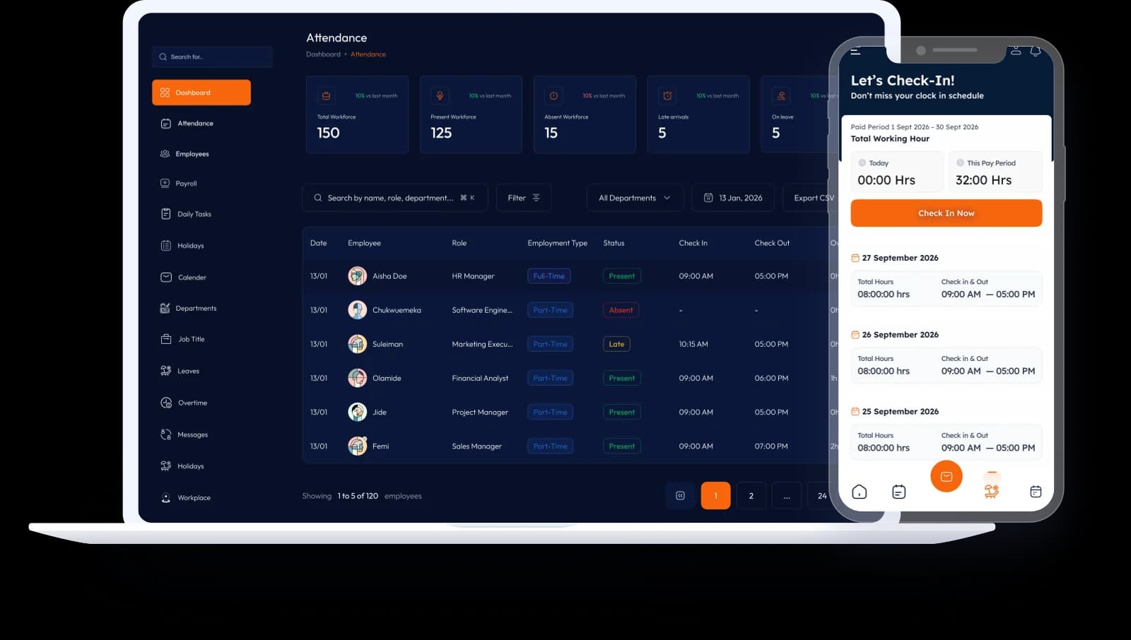 Illustrative attendance dashboard and employee clock-in screen