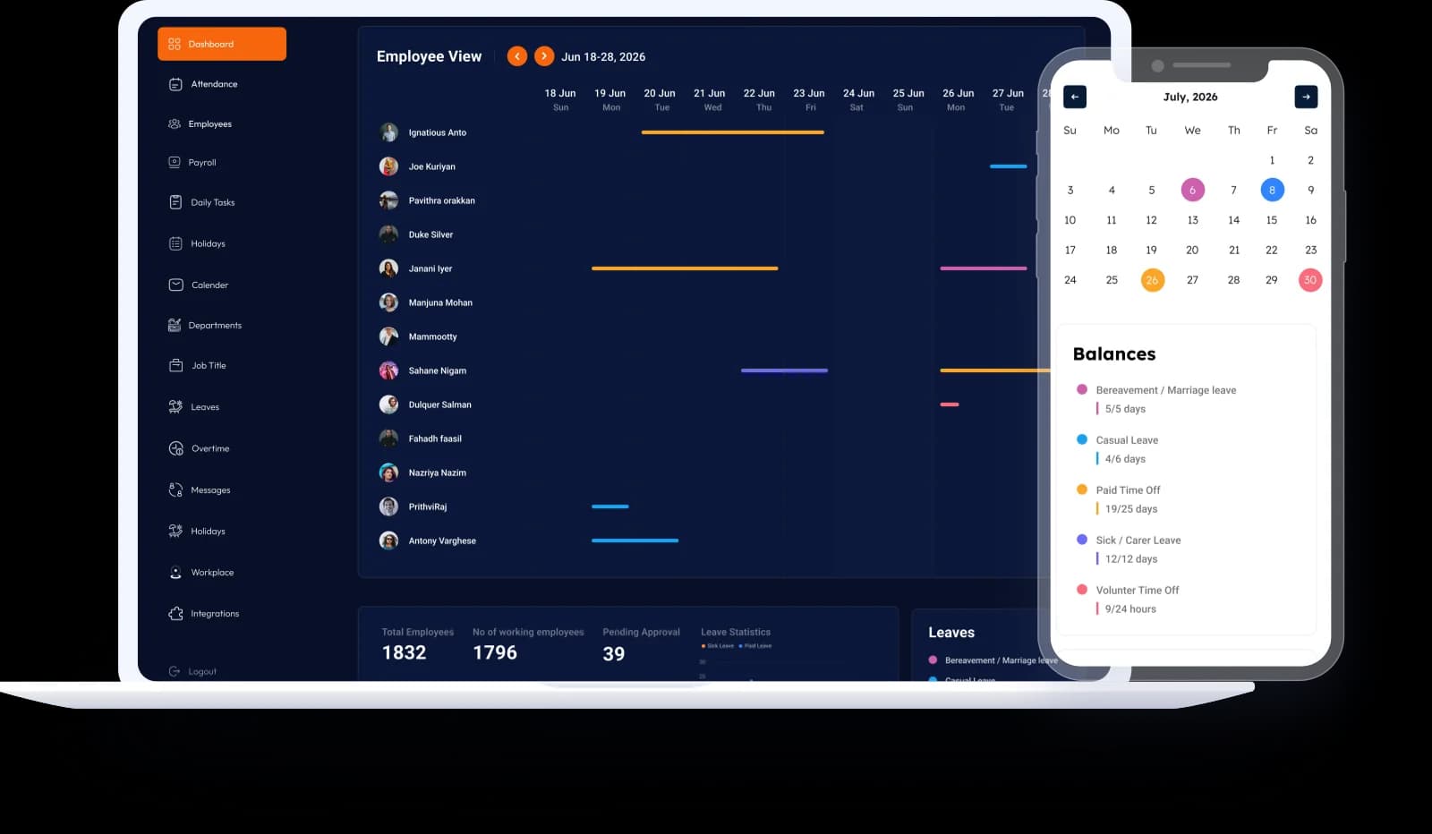 Calendar dashboard with mobile schedule and balances preview
