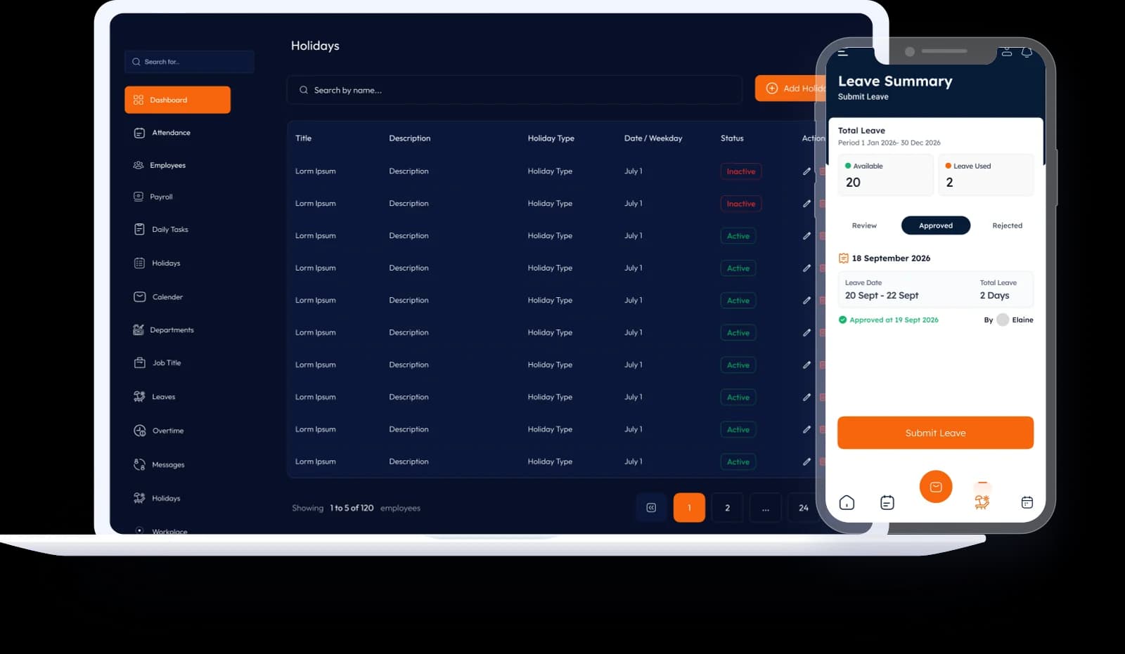 Leave management dashboard with mobile leave request preview