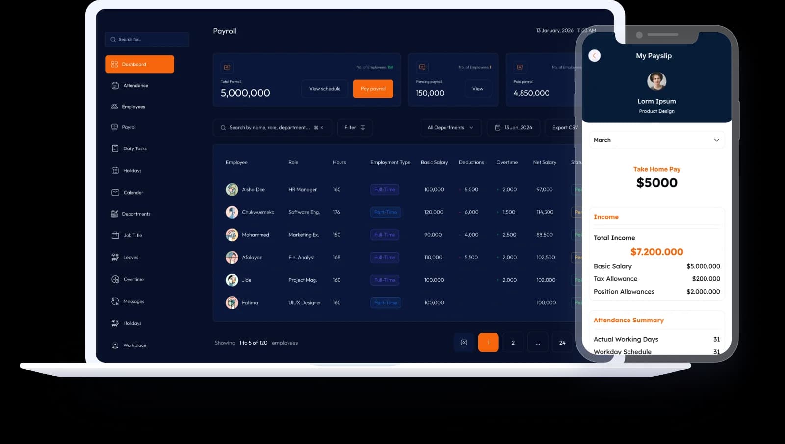 Payroll dashboard with mobile payslip preview